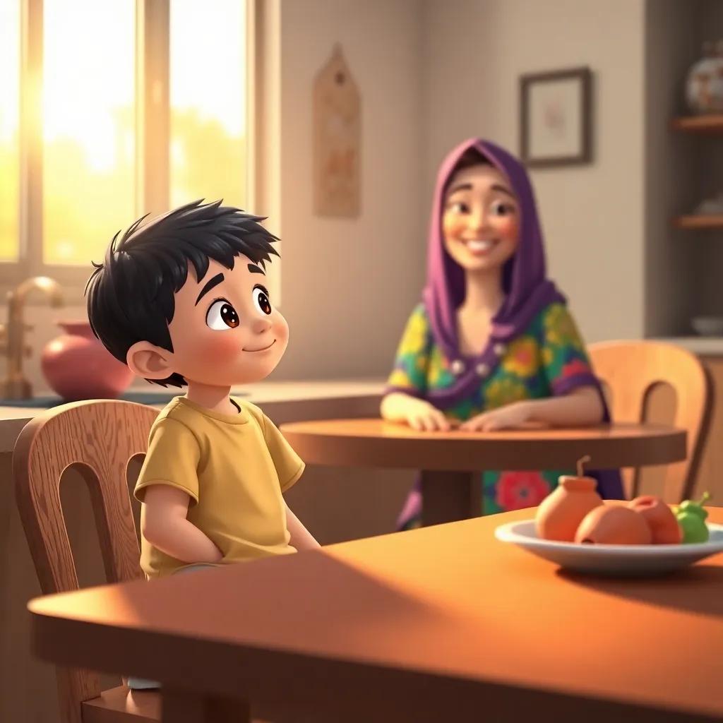 A young Arab boy, Ali, with short, dark hair, wearing a simple t-shirt and shorts, sitting at a kitchen table with his mother, a cheerful Middle-Eastern woman in a colorful dress, bright sunlight streaming in through the window, cozy atmosphere, warm colors, digital art, child-friendly