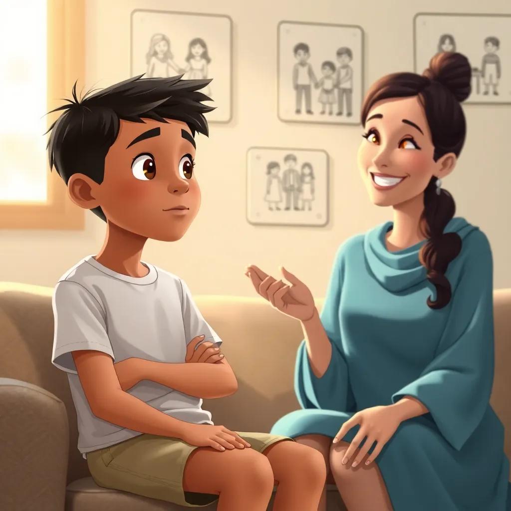 A young Arab boy, Ali, with short, dark hair, wearing a simple t-shirt and shorts, thinking with a curious expression, sitting with his mother, who is smiling and explaining, surrounded by family drawings on the wall, warm morning light, inviting atmosphere, illustration