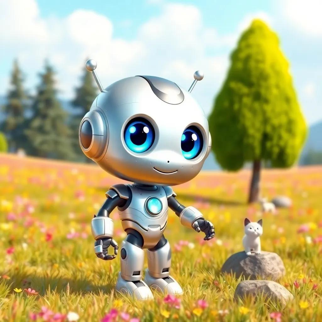 A cute robot named Zina, with bright blue eyes and a shiny silver body, standing in a colorful field with a tall green tree, a small cat and a rock nearby, cheerful scene, digital art, vibrant colors, sunny day, inviting atmosphere, high quality