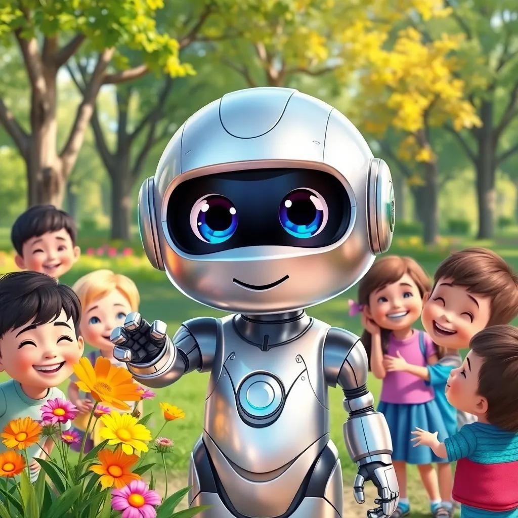 Zina, the cute robot with blue eyes and shiny silver body, surrounded by happy children in a park, smiling and pointing at flowers and trees, colorful illustration, joyful atmosphere, bright colors, engaging scene, high quality
