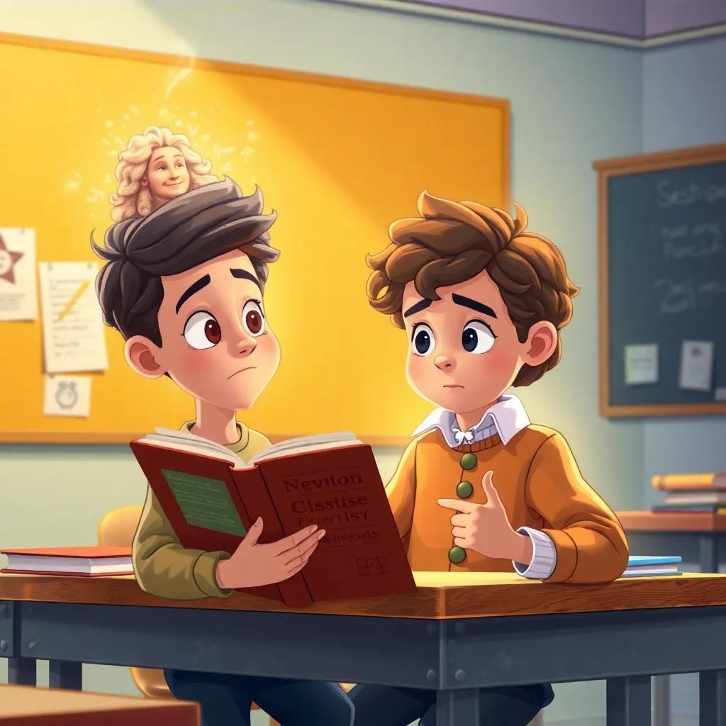 A classroom scene with a boy named Sami, looking puzzled and bored with a physics textbook, a magical appearance of Isaac Newton, an iconic historical figure with curly hair wearing 17th-century clothing, bright colors, cheerful atmosphere, detailed illustration.