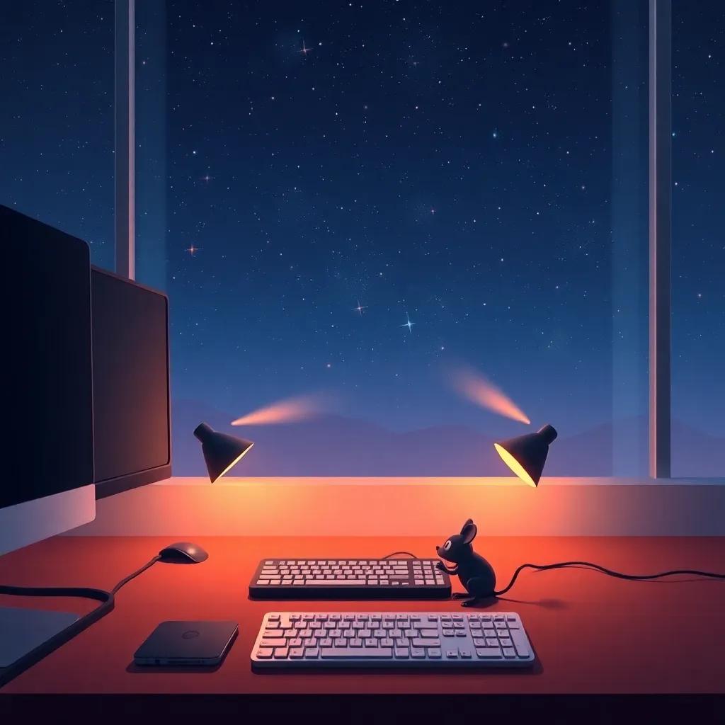 A modern office with dimmed lights, with a keyboard and mouse animatedly conversing under a starry night, digital art, calming colors, warm and friendly atmosphere, high quality