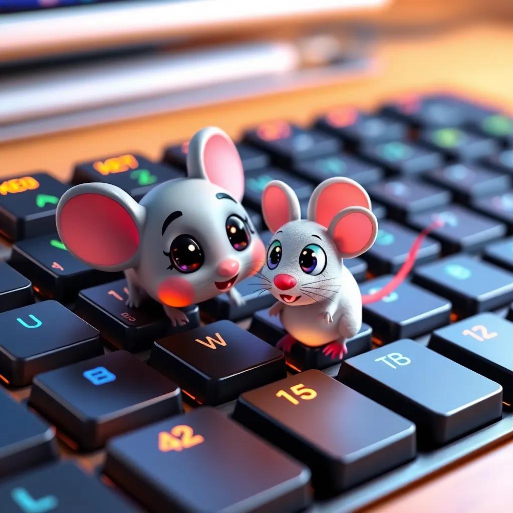 A keyboard, with shiny keys and colorful letters, chatting with a cute computer mouse with bright eyes, light-hearted and playful scene, child-friendly, detailed