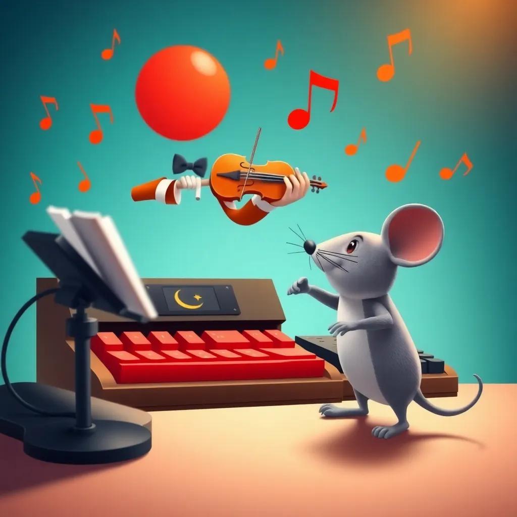 The keyboard representing a conductor with musical notes around it, and the mouse as a violinist adding movement, a vibrant concert theme, cheerful, imaginative
