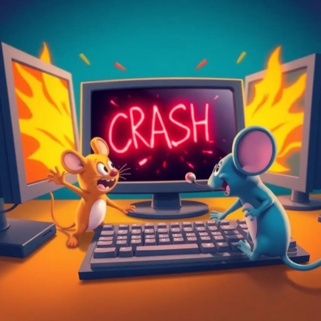 A dramatic moment of the keyboard and mouse during a computer crash, showing urgency and teamwork, bright colors, cartoonish, humorous touch
