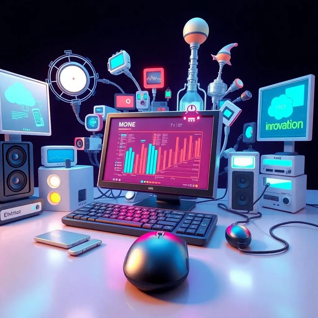 An imaginative and futuristic computer world with various devices surrounding the keyboard and mouse, showing innovation and technology, colorful, artistic