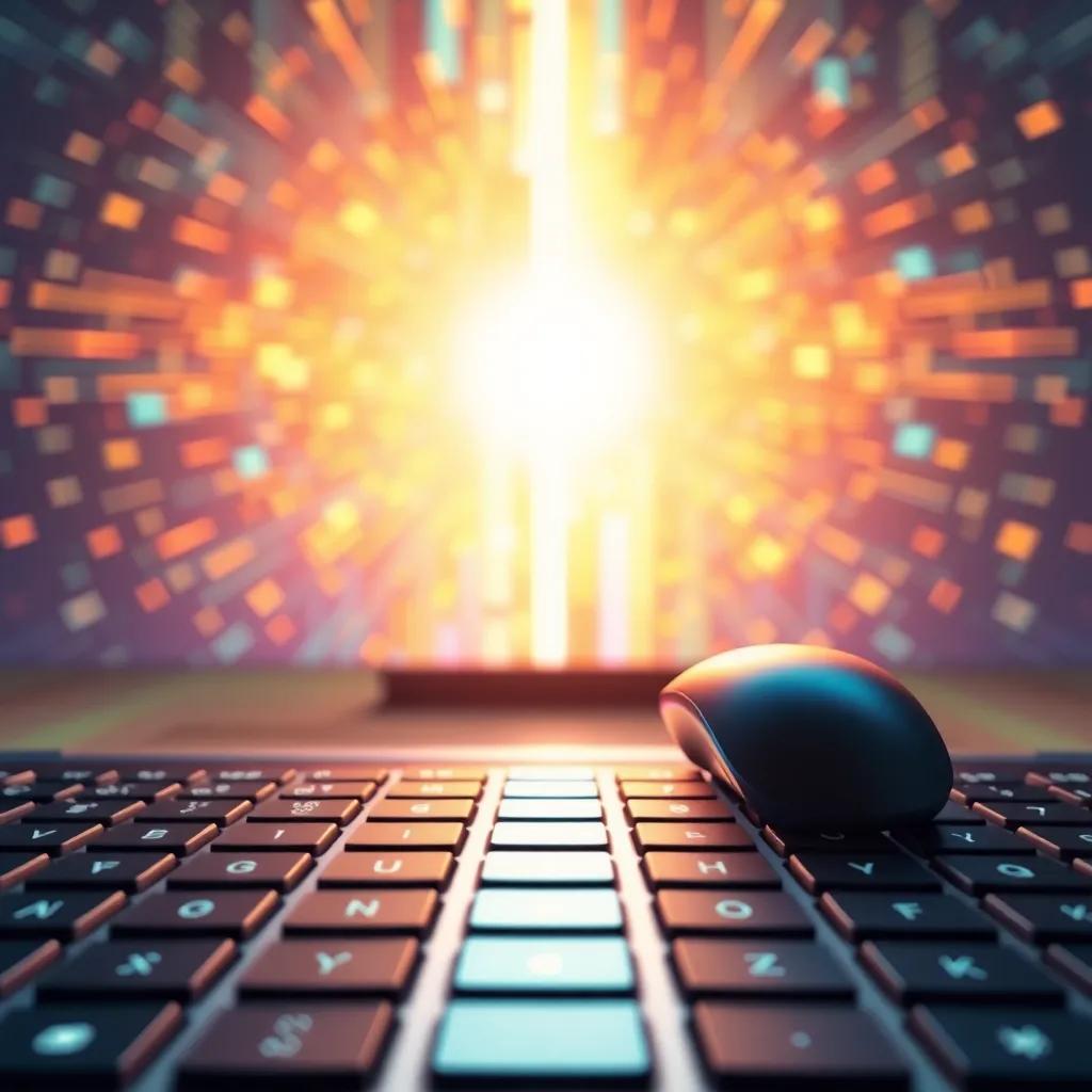 The keyboard and mouse looking ahead at a glowing, bright screen symbolizing the future of technology, hopeful and inspiring scene, colorful hues, engaging