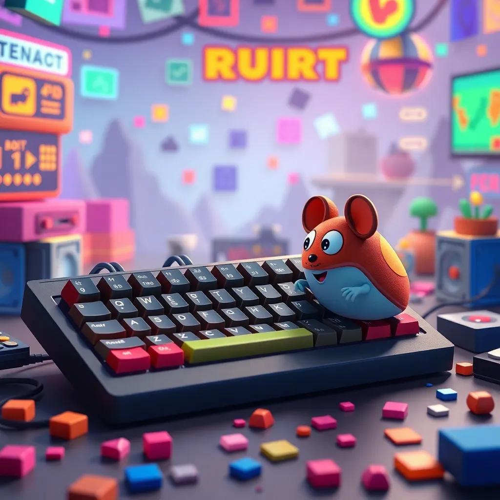 A fun scene where the keyboard and mouse are depicted as characters in a video game, surrounded by pixelated graphics, playful, vibrant, exciting atmosphere