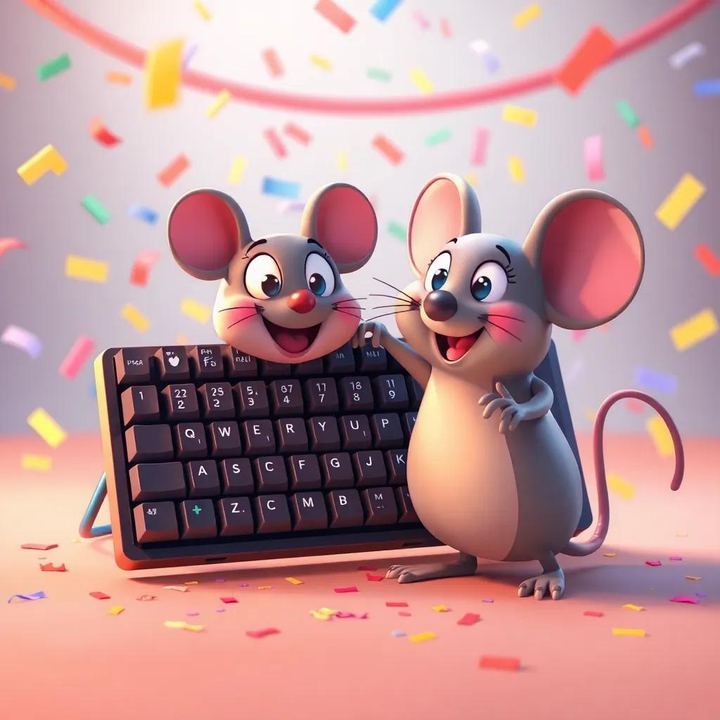 The keyboard and mouse celebrating their teamwork with confetti and a cheerful background, highlighting friendship and collaboration, colorful, festive vibe