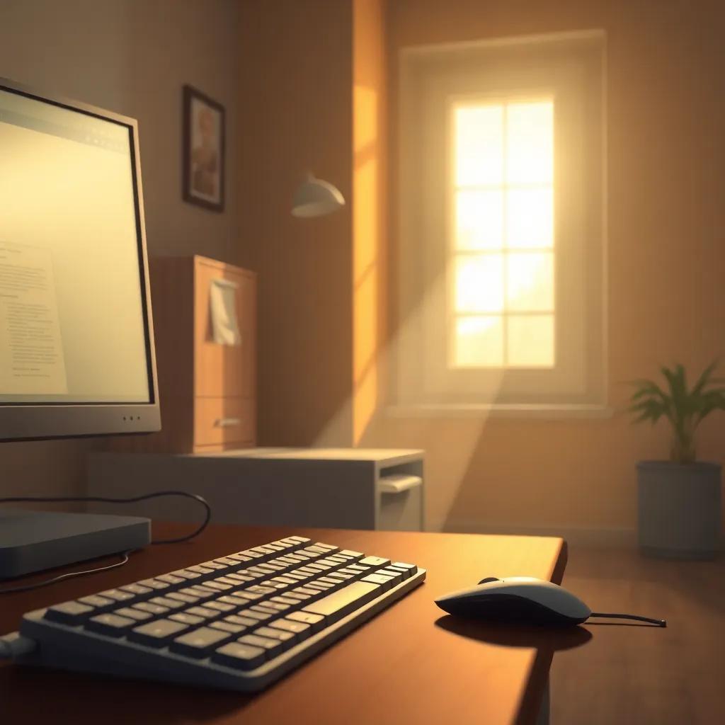 A cozy office space with the keyboard and mouse resting together, a light streaming through the window symbolizing peace and relaxation, calming tones, inviting atmosphere