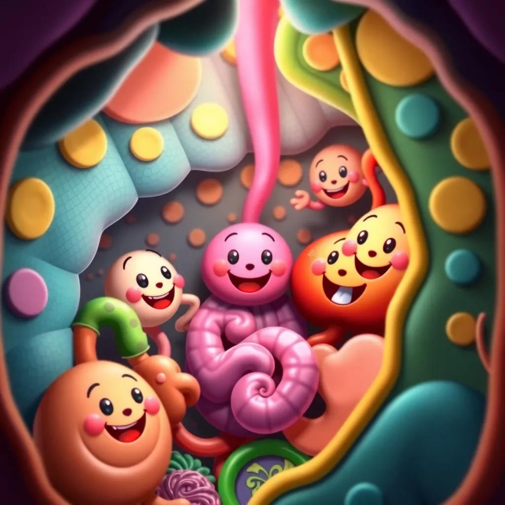 A colorful internal world with vibrant organs interacting, friendly smiley faces, obviously cartoon style, joyful atmosphere, bright colors, high quality