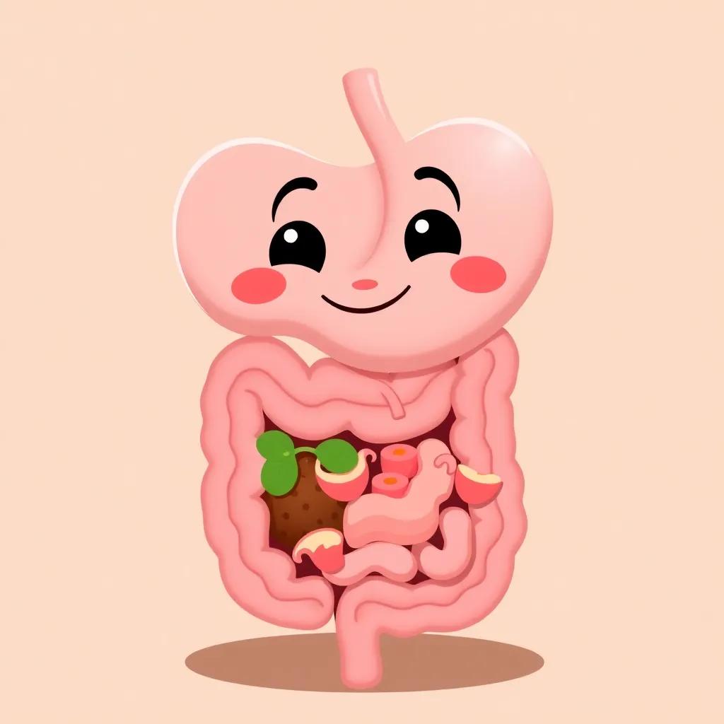 A smiling digestive system with food, showing digested food happily, cheerful expression, cartoon style, on a friendly background, colorful, high quality