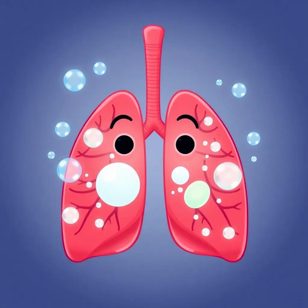 A friendly respiratory system with cheerful lungs, filled with bright oxygen bubbles, oxygen symbol around, cartoon style, colorful, high quality