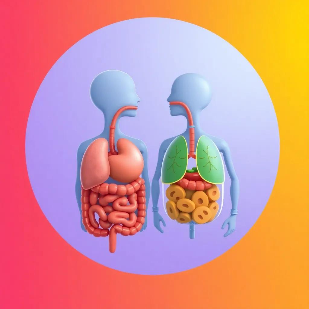 The digestive system and respiratory system talking together, with food and oxygen, colorful background, cartoon style, cheerful, vivid colors, high quality
