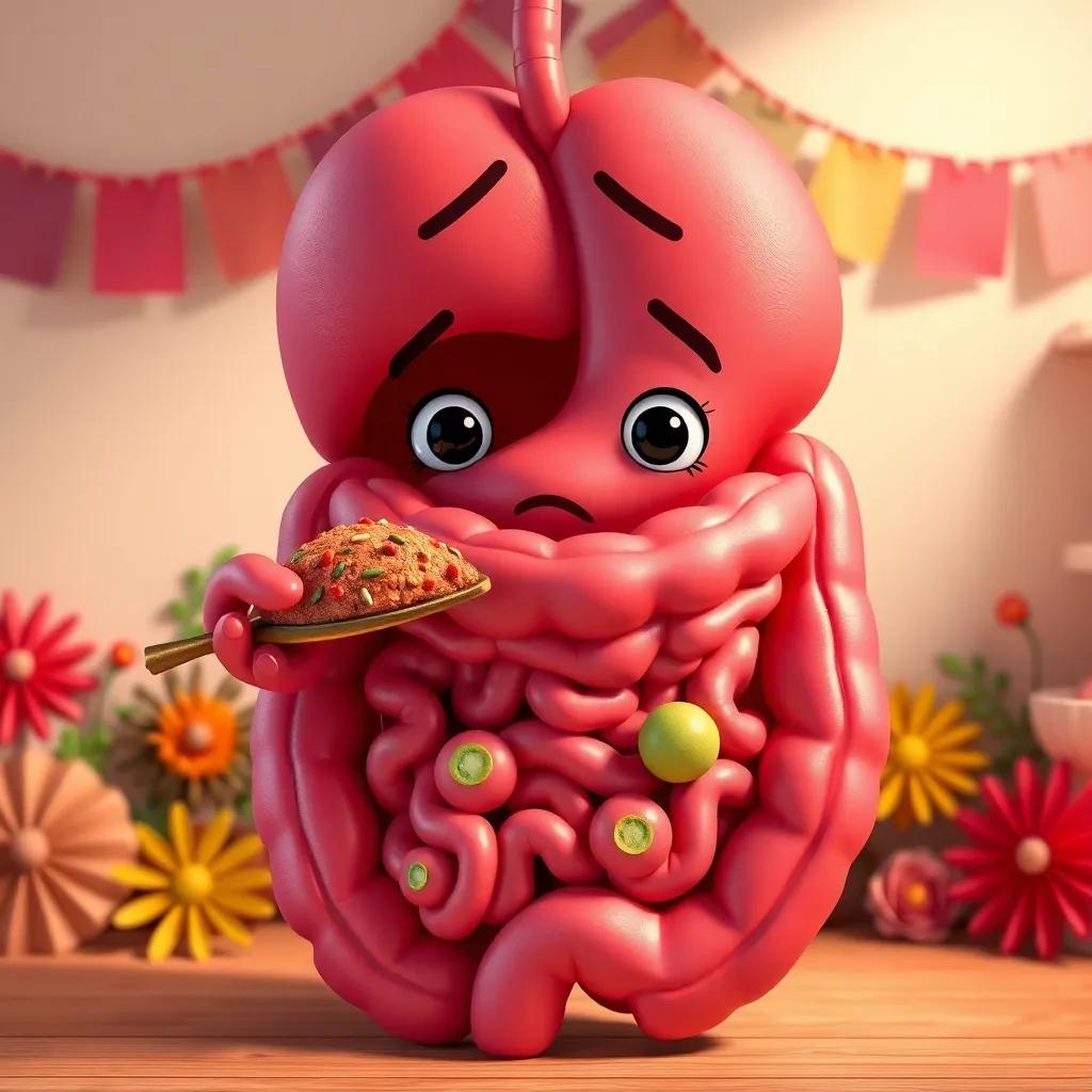 The digestive system holding food, looking unsure, cartoon style, colorful decoration around, bright and engaging, high quality