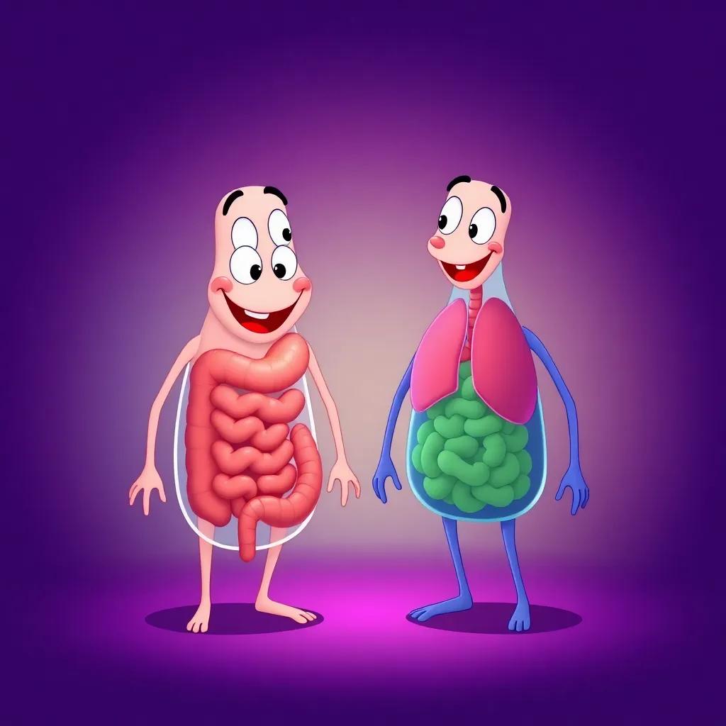 The digestive and respiratory systems smiling at each other, cheerful expressions, with vibrant colors around them, cartoon style, high quality