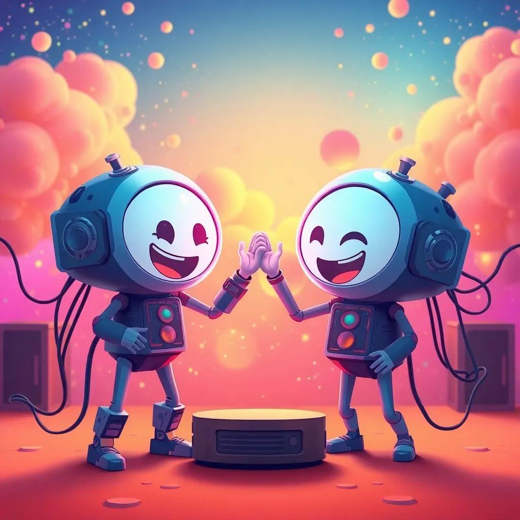 A beautiful scene of both systems celebrating their teamwork, colorful background, cartoon style, joyful atmosphere, high quality