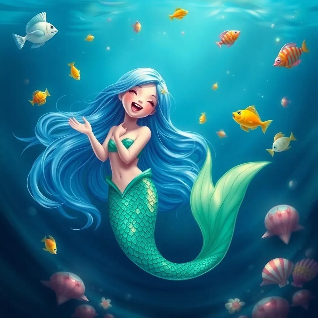 A young mermaid, Lina, with long, flowing blue hair, wearing a shimmering green tail, singing joyfully in the deep blue ocean surrounded by colorful fish and seashells, digital art, vibrant colors, cheerful atmosphere, high quality