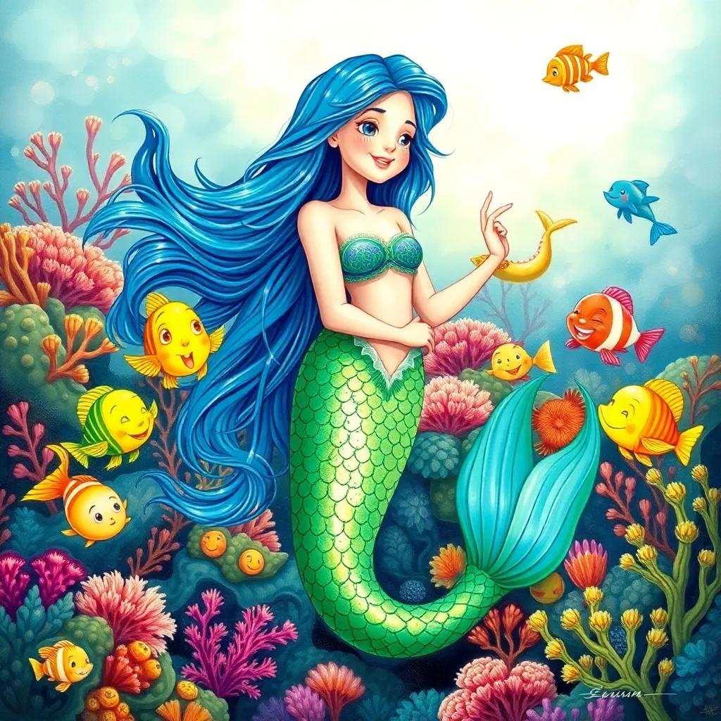 Lina, a young mermaid with long, flowing blue hair in a shimmering green tail, surrounded by happy sea creatures listening to her sing, colorful coral reef in the background, illustration, inviting and friendly, captivating scene, high quality