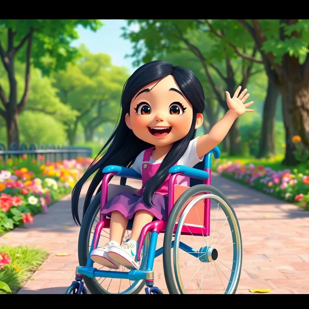 A young girl, Hoor, with long black hair sitting in a colorful wheelchair, excitedly arriving at the park with flowers and trees around her, bright and sunny day, cheerful atmosphere, digital art, vibrant colors, child-friendly