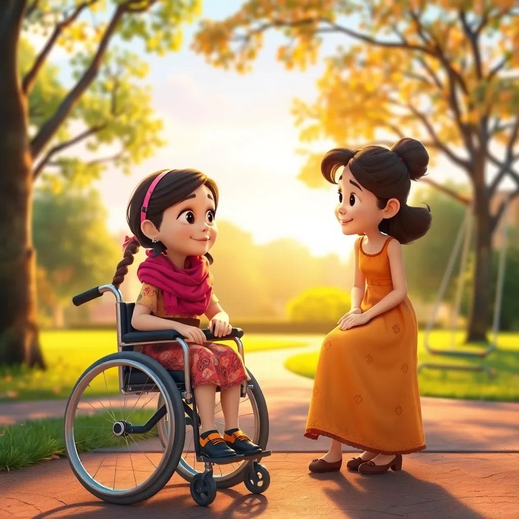Hoor, a young girl in a wheelchair, talking to her friend Layla, with a beautiful park in the background, trees and swings nearby, warm light, expression of empathy, inviting scene, digital art, high quality, engaging perspective