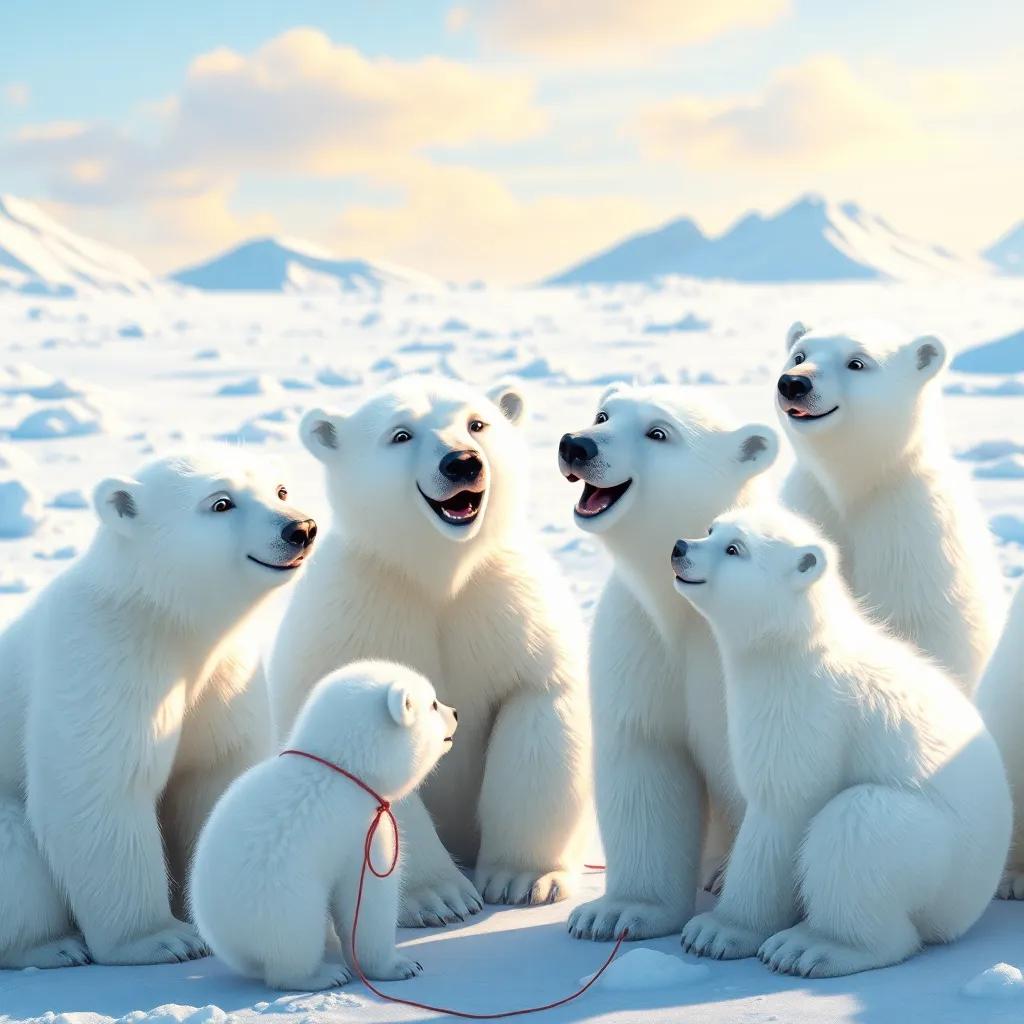 A group of white polar bears, one speaking enthusiastically about hunting, amidst snowy landscapes, bright and chilly atmosphere, digital art, child-friendly, vibrant colors, inviting scene