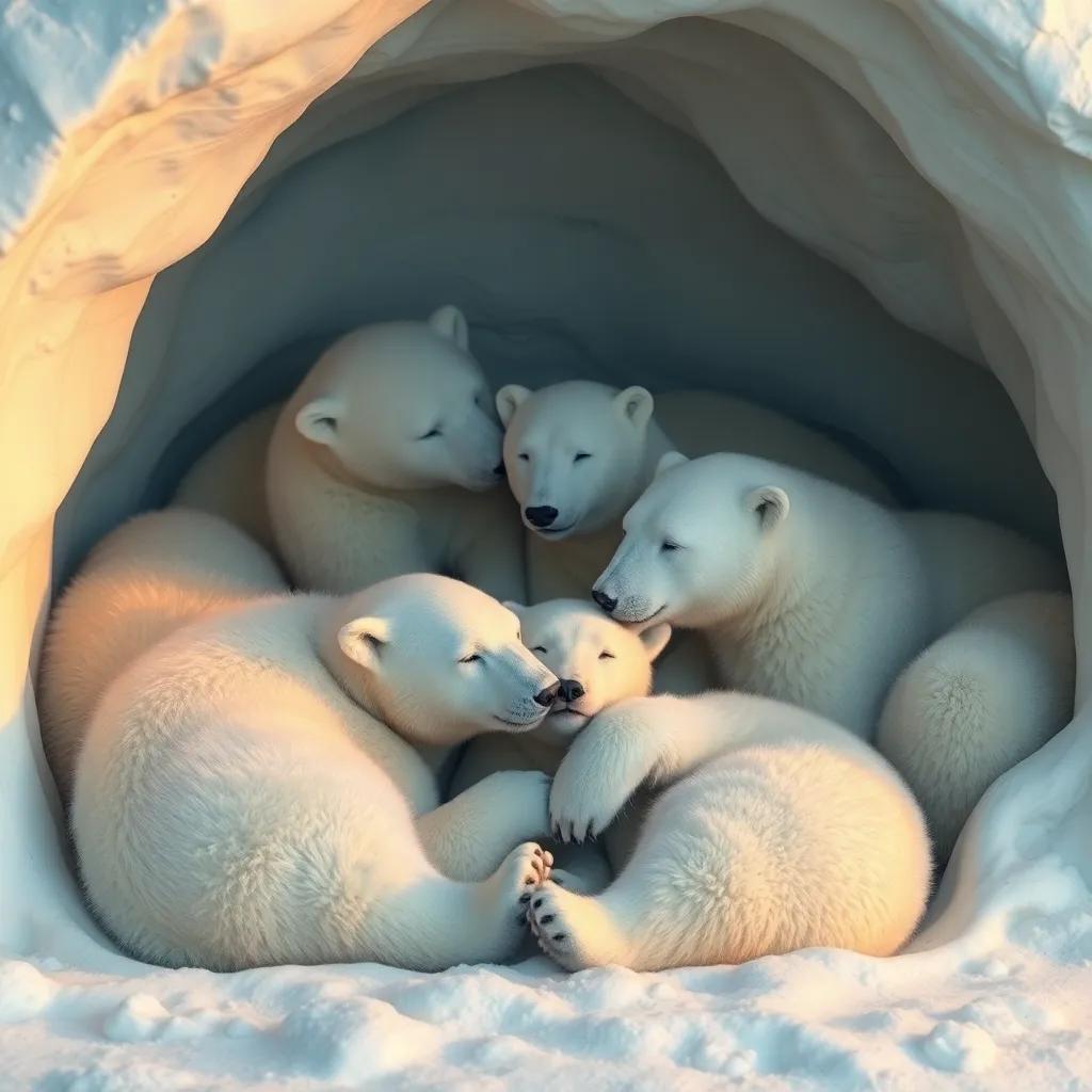 A cozy polar bear den, a group of white polar bears creating a warm bed with snow, with one sharing a cozy moment, soft light, warm colors, heartwarming scene