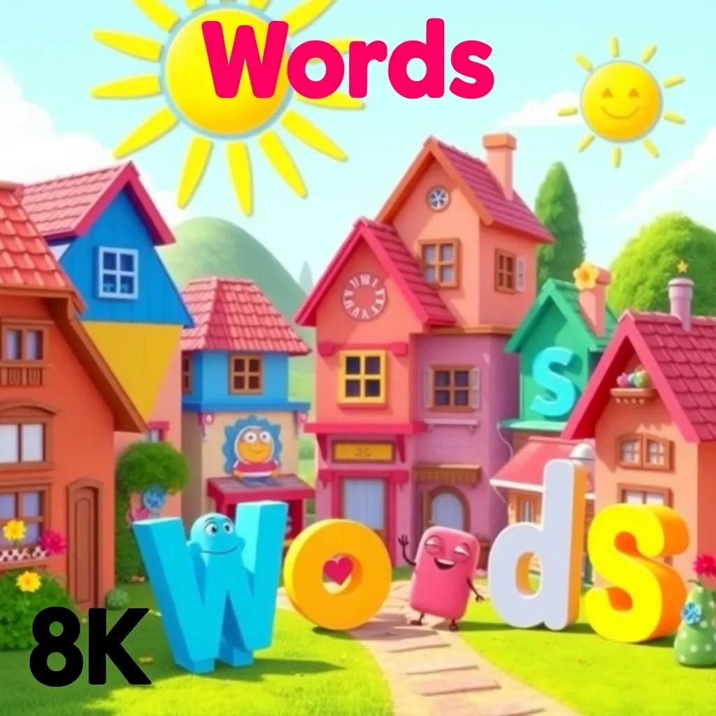 A colorful village named 'Words', with various letters and vibrant characters representing nouns, adjectives, and verbs, sunshine and happiness, digital art, cheerful atmosphere, warm colors, friendly scene, high quality