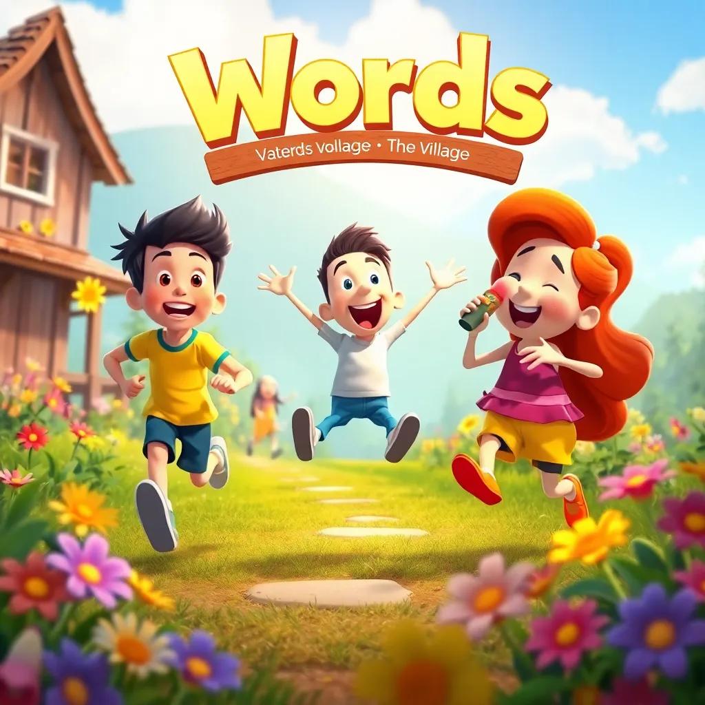 A lively action scene featuring 'running', a joyfully jumping 'jumping', and a melodious 'singing' in the village called 'Words', colorful flowers around, joyful energy, digital illustration, vibrant, engaging, playful