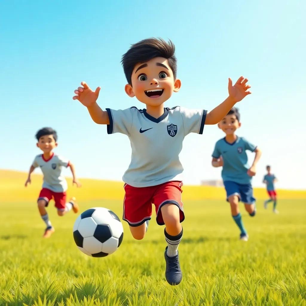 A young boy named Hassan Al-Waili, full of energy, playing soccer with friends in sunny fields, wearing a sports jersey and shorts, bright blue sky, digital art, cheerful atmosphere, high quality