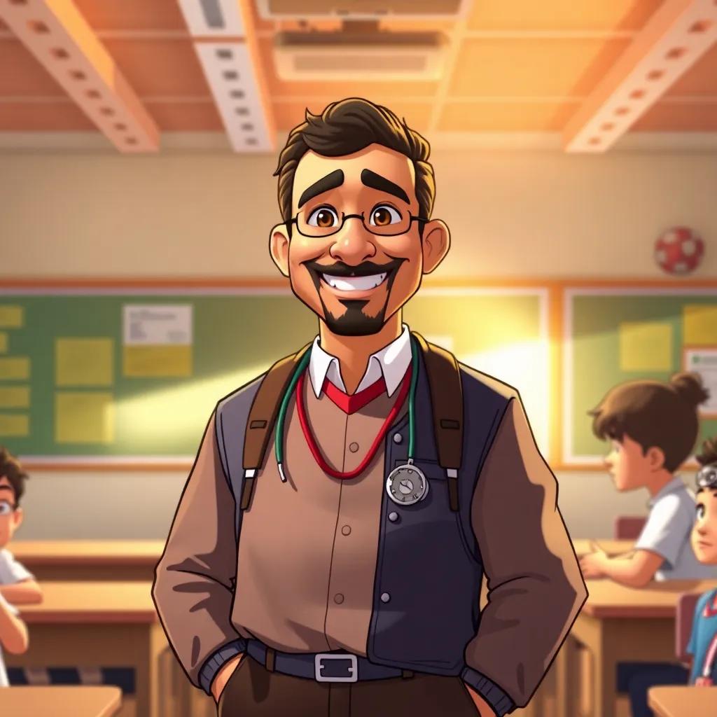 Hassan Al-Waili as a grown man, standing proudly in a classroom with sports equipment, wearing a teacher's outfit, smiling at children while sharing advice, warm colors, positive light, detailed illustration, inspiring setting
