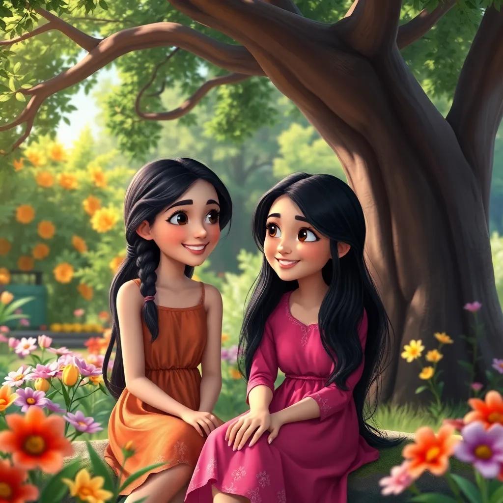 A beautiful young girl, Suad Hosni, with long dark hair, wearing a bright dress, sitting under a big tree with a friendly smile, talking to her friend, vibrant garden with flowers, cheerful atmosphere, digital art, detailed, colorful