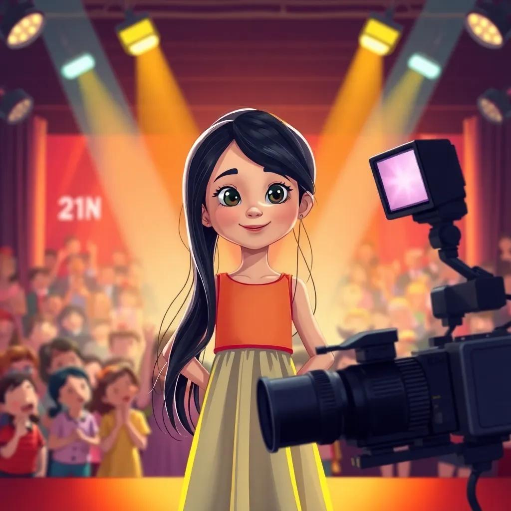 Suad Hosni, a young girl with long dark hair in a bright dress, standing confidently in front of a film camera, with spotlights shining down and a crowd of happy people in the background, bright colors, vibrant scene, illustration, inspirational, child-friendly