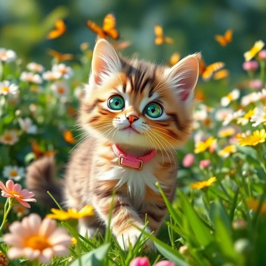 A cute cat named Lucy, a fluffy kitten with bright green eyes and a pink collar, playing in a sunny garden filled with flowers and butterflies, digital art, bright colors, playful atmosphere, high quality