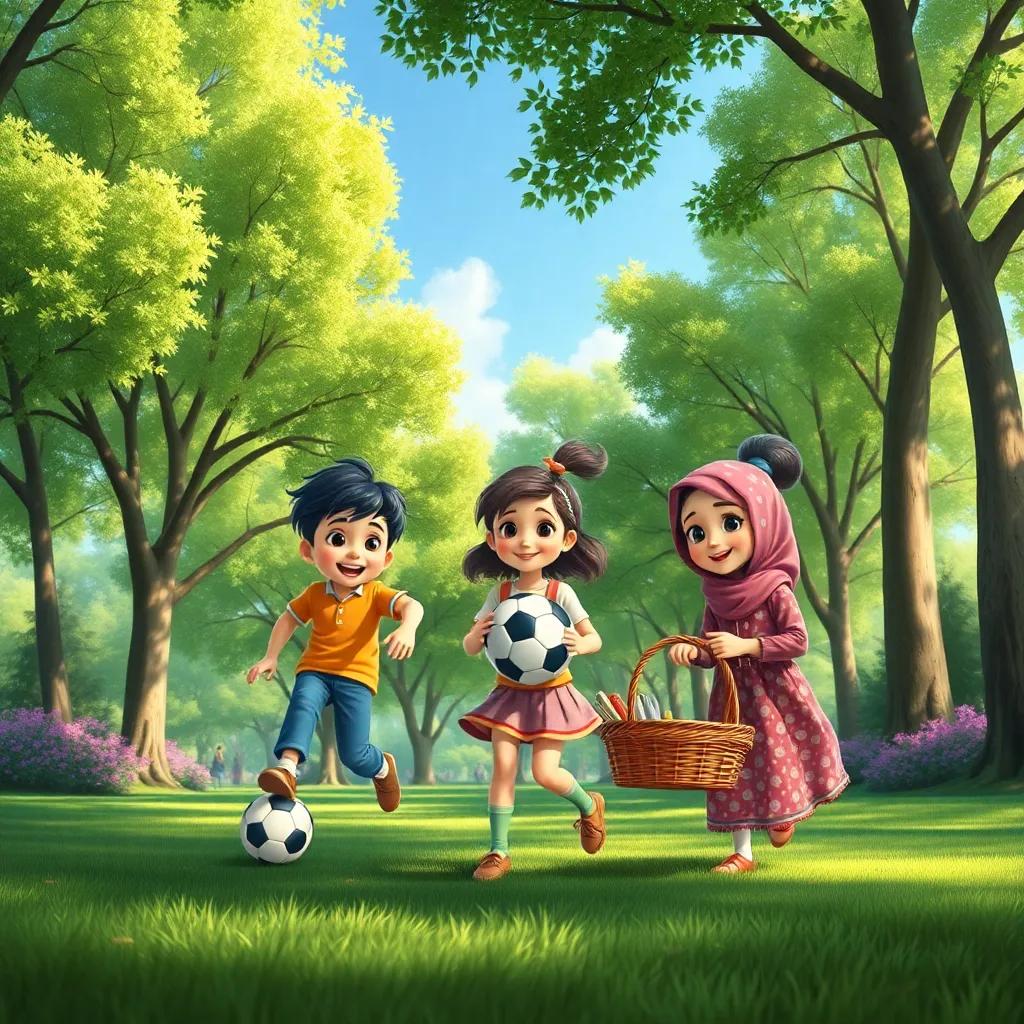 A beautiful park with green trees swaying gently, where three children are playing together: Ali is kicking a soccer ball, Sara is smiling and holding a soccer ball, and Aya is preparing a picnic basket, bright and colorful, cheerful atmosphere, detailed digital art, high quality