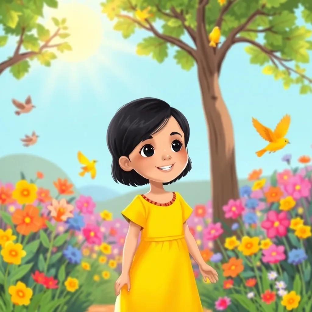 A young Arab girl, مسي, with short black hair, wearing a bright yellow dress, exploring a sunny forest with colorful flowers and singing birds, digital art, vibrant colors, joyful atmosphere, high quality