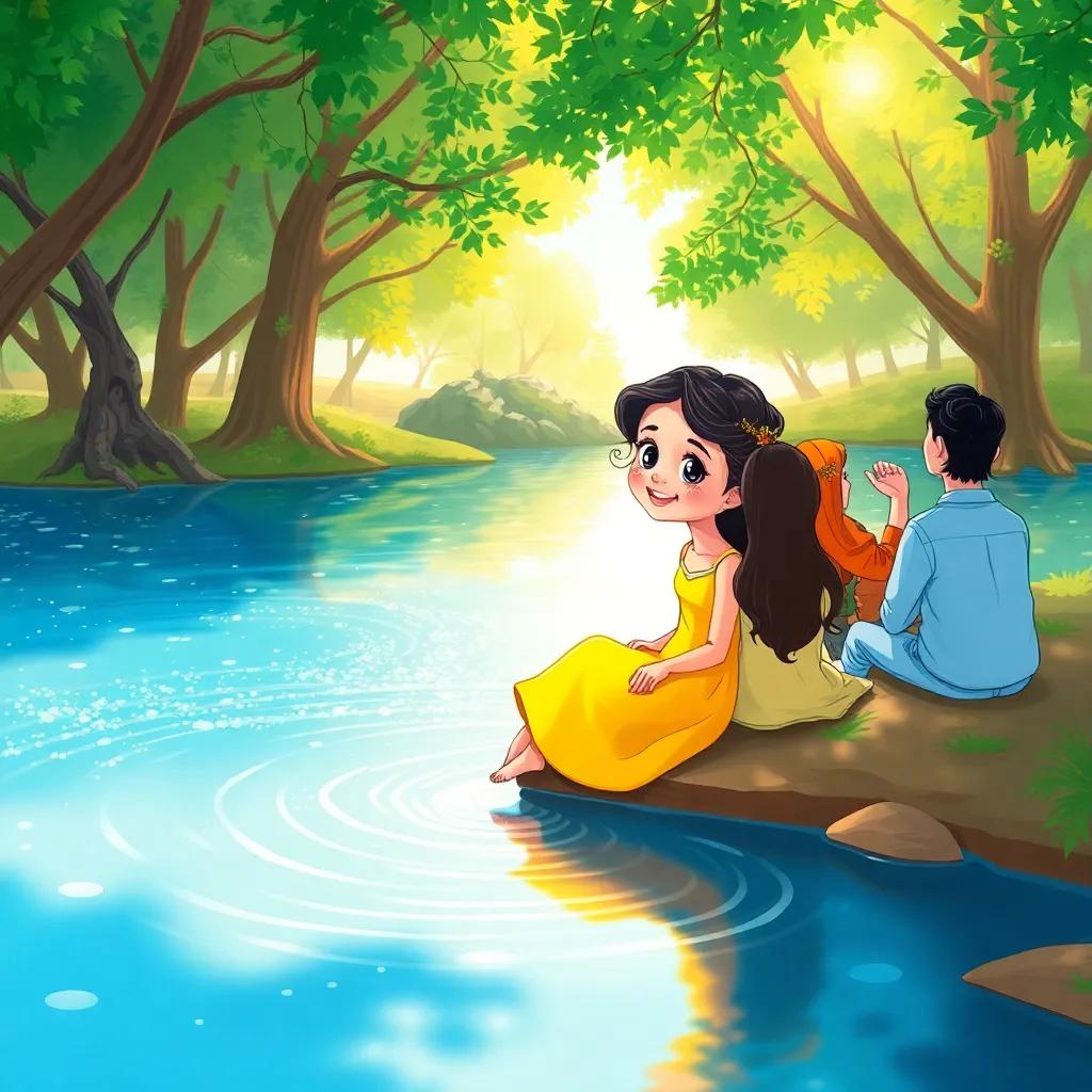 A young Arab girl, مسي, in a bright yellow dress, sitting on the edge of a sparkling lake with ripples in the water, trees surrounding her, friends around her joyfully talking, warm sunlight filtering through leaves, illustration, cheerful, inviting scene, high quality