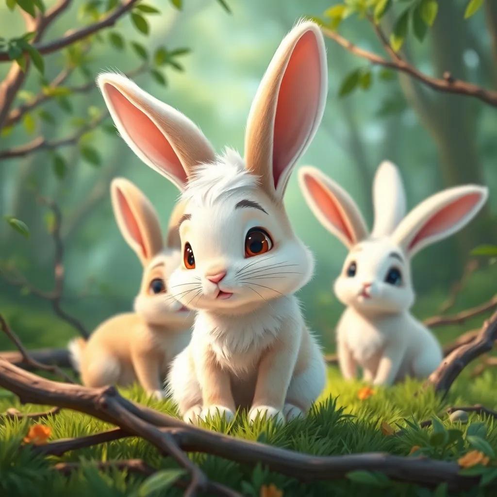 A small rabbit named Rami, a young Arab rabbit with fluffy white fur and big ears, looking worried with his friends in a green forest with fallen branches, cute and charming, colorful, vibrant atmosphere, high quality