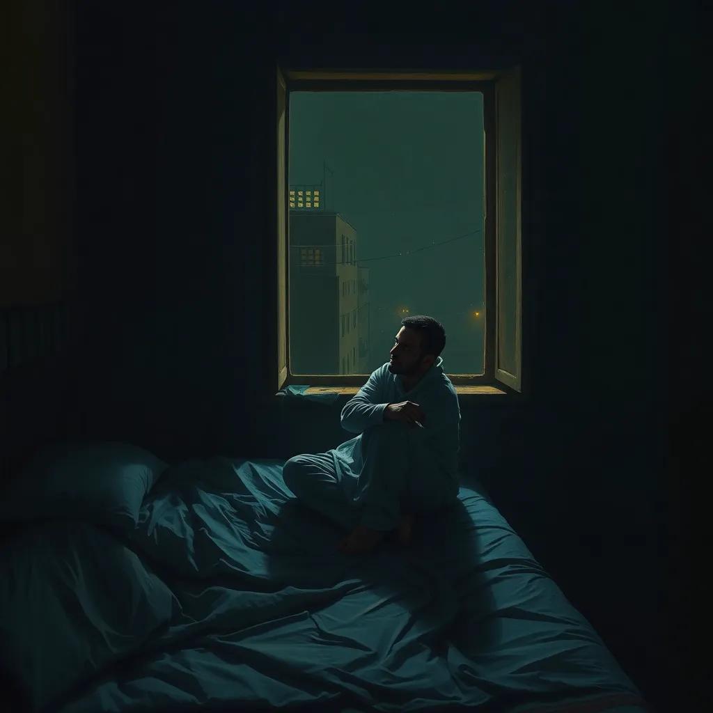 A lonely man, Jalaal, sitting on the edge of a cold bed in a dark room, holding a cigarette, with a window cracked open letting in night wind, digital art, dark and moody, subtle lighting, urban setting, high quality