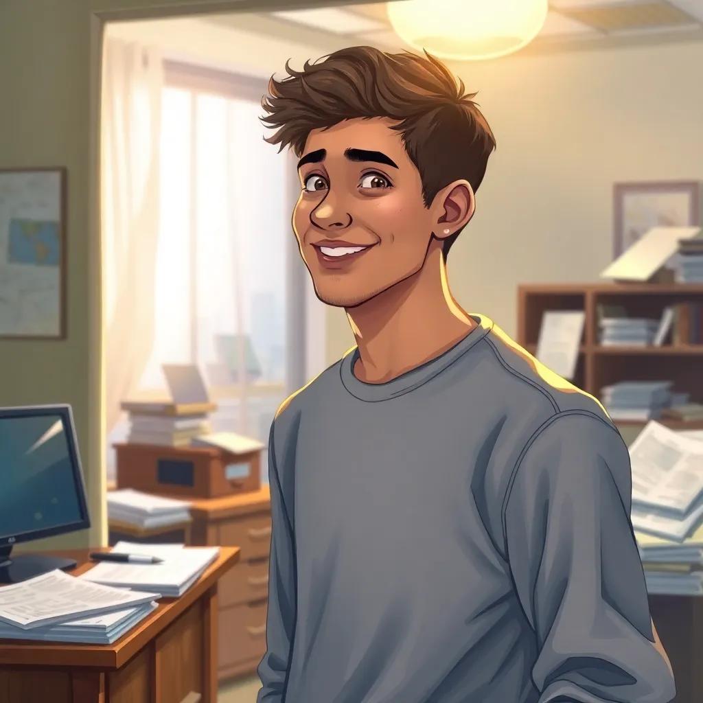 A young man entering an office with a warm smile, looking at Jalaal with eyes filled with light and kindness, simple clothing, standing in front of a desk cluttered with papers, illustration, uplifting atmosphere, soft light, realistic style, charming and engaging