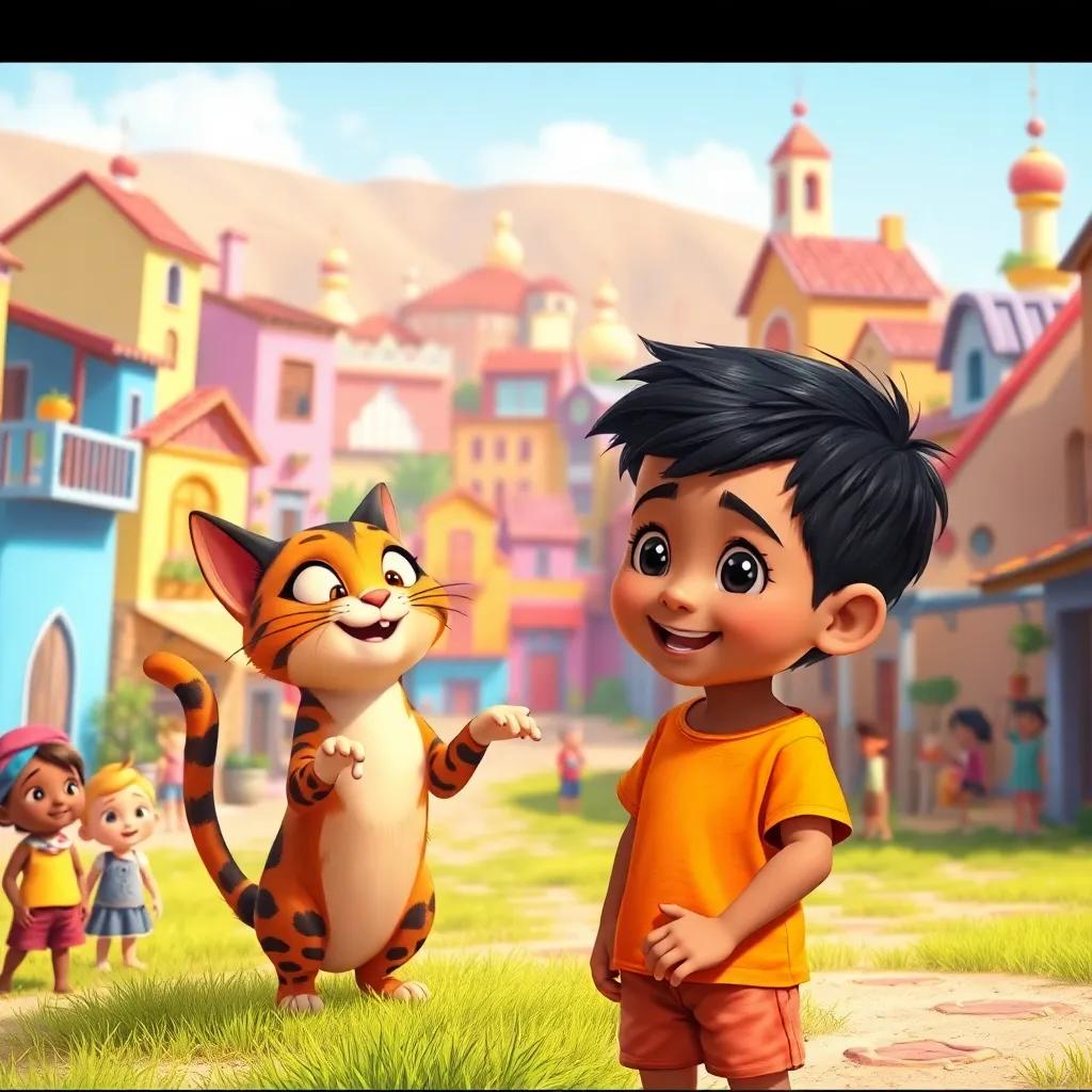 A little boy, Rami, with short black hair and brown skin, wearing a bright t-shirt and shorts, playing with a magical cat, Marwan, in a sunny village filled with colorful houses and cheerful children, digital art, vibrant colors, warm atmosphere, happy scene
