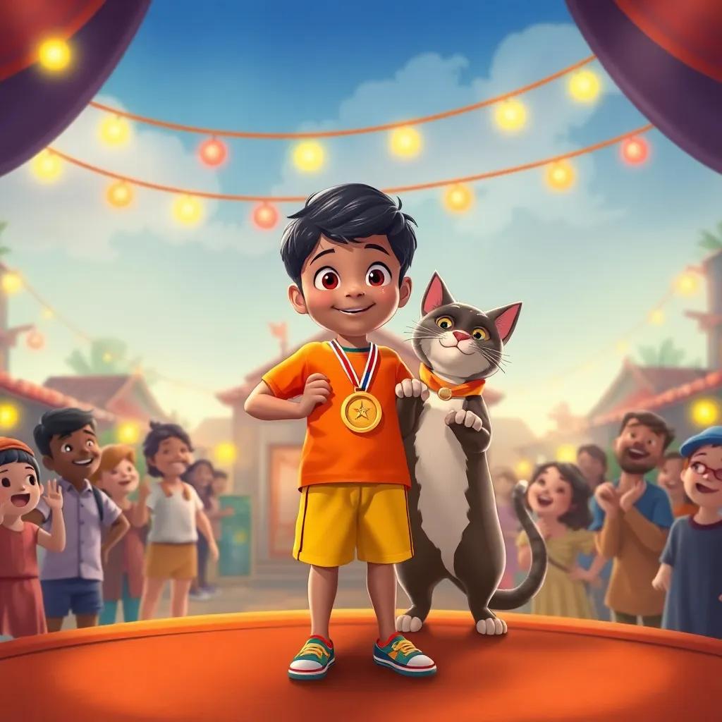 Rami, a little boy with short black hair and brown skin, wearing a bright t-shirt and shorts, standing confidently on a stage in the village square, holding a golden medal, with the magical cat Marwan beside him, surrounded by amazed friends and a festive atmosphere, detailed illustration, joyful colors, uplifting perspective