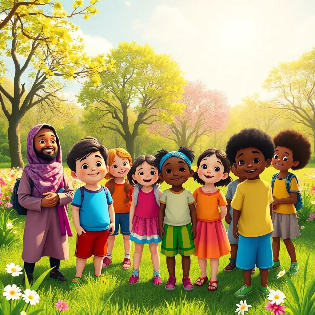 A sunny day in a big park with children gathering around, diverse kids (Arab, Asian, African) with bright clothes, cheerful expressions, flowers and trees in the background, digital art, vibrant colors, playful atmosphere, high quality