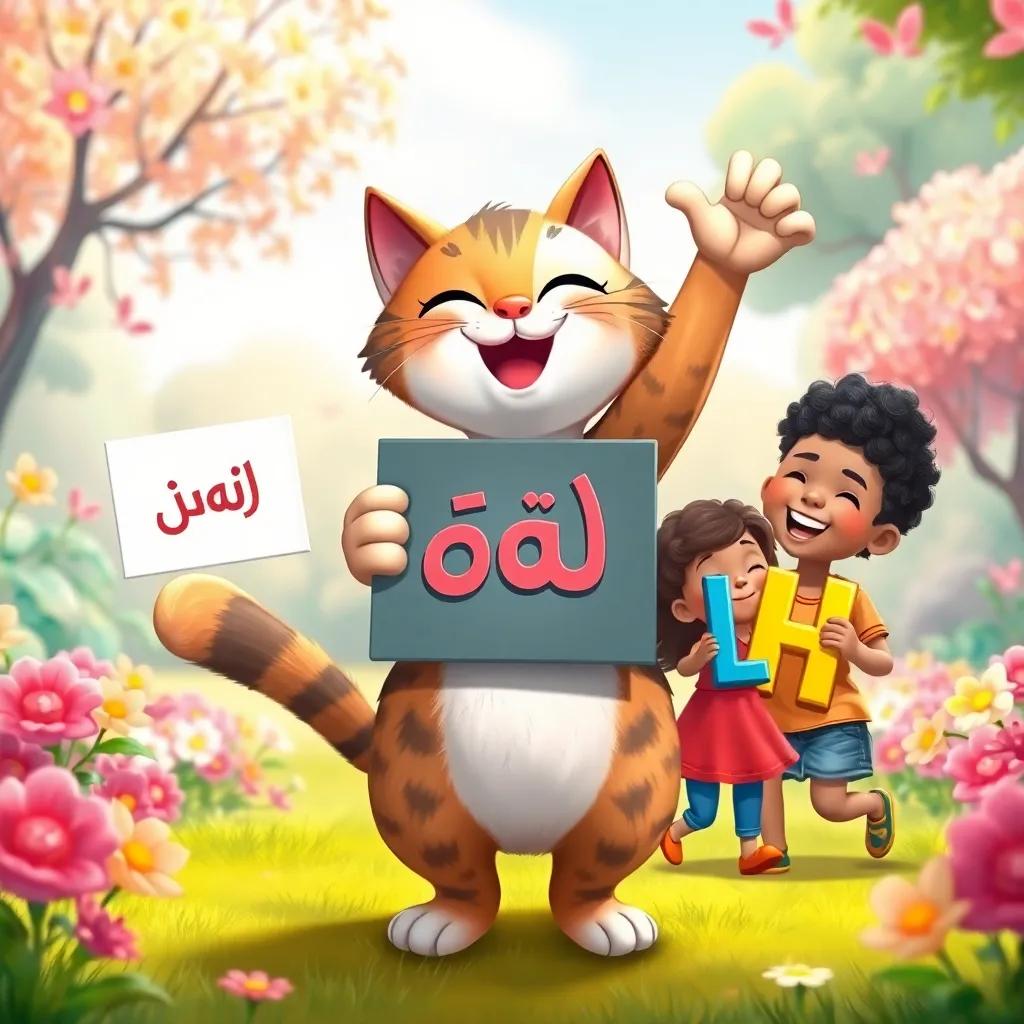 A joyous cat, holding a sign with 'ق' (qaf), dancing with children (Arab, Asian, African) who are laughing and holding colorful letters, bright park background with flowers and trees, illustration, cheerful, engaging, child-friendly