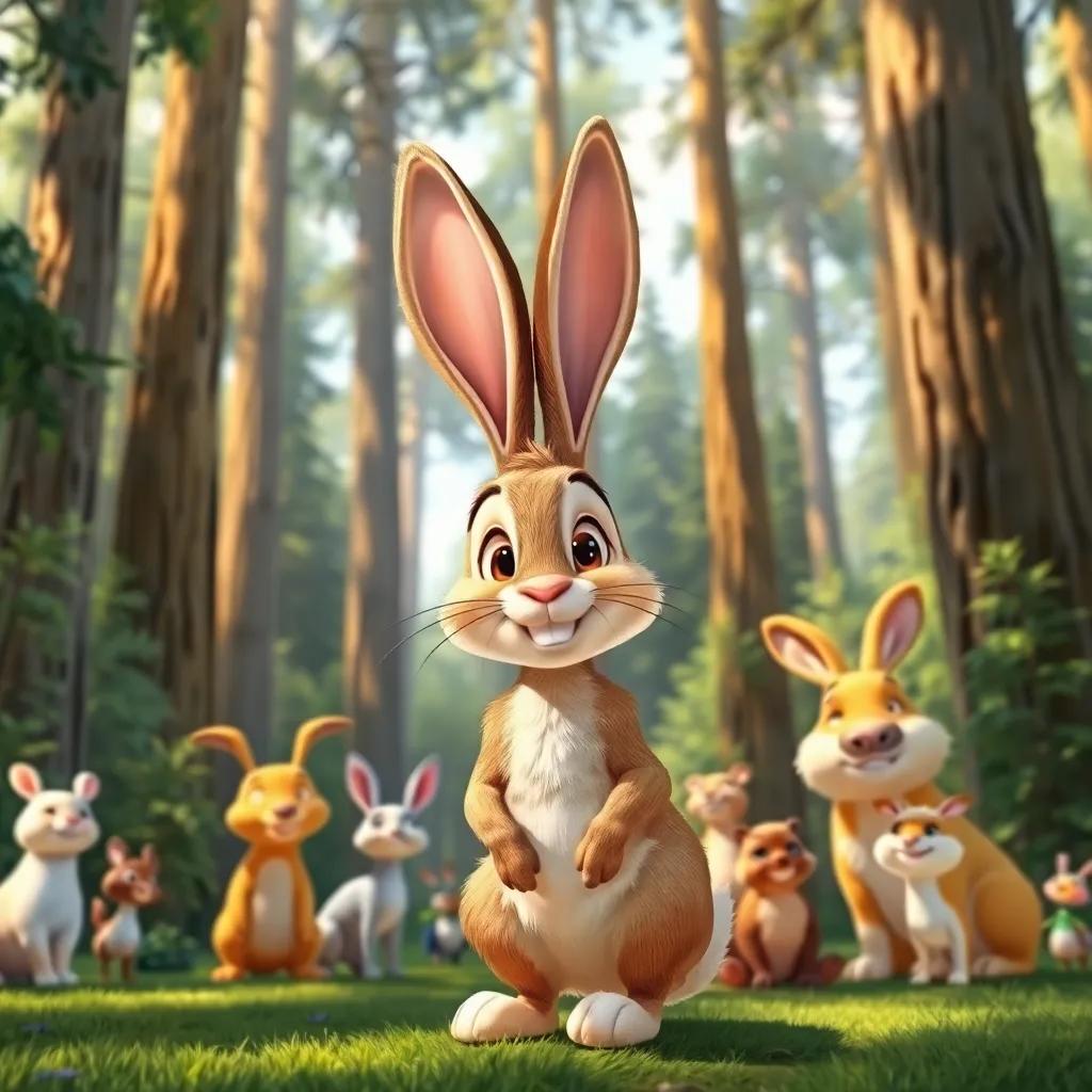 A beautiful forest with tall trees, a rabbit with long ears and brown fur, smiling, standing in front of other animals, cheerful and vibrant, sunny day, happy atmosphere, illustration, child-friendly, inviting