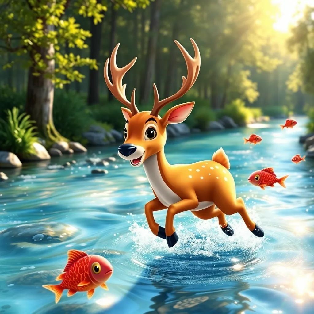 A sparkling river with shiny water, a deer with elegant antlers, jumping in the water, cheerful fish swimming around, bright sunlight filtering through trees, playful scene, digital art, colorful and lively, immersion in nature, children's book style