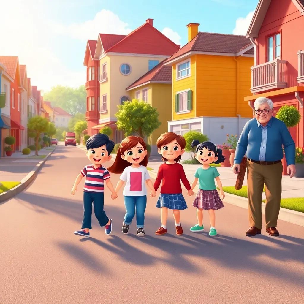 A lively neighborhood scene showing cooperation, children holding hands crossing a street safely, with elderly adults guiding them, warm sunlight, colorful buildings, community spirit, digital art, vibrant colors, cheerful atmosphere, high quality