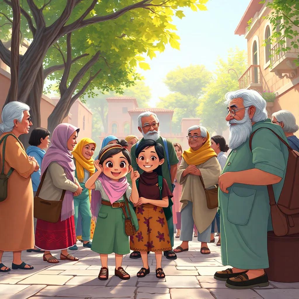 A community gathering in the square, older neighbors discussing tasks, with a cheerful young girl named Layla and an elderly man named Uncle Said, sunlight filtering through trees, welcoming vibe, illustration, colorful, inviting atmosphere, engaging perspective, high quality