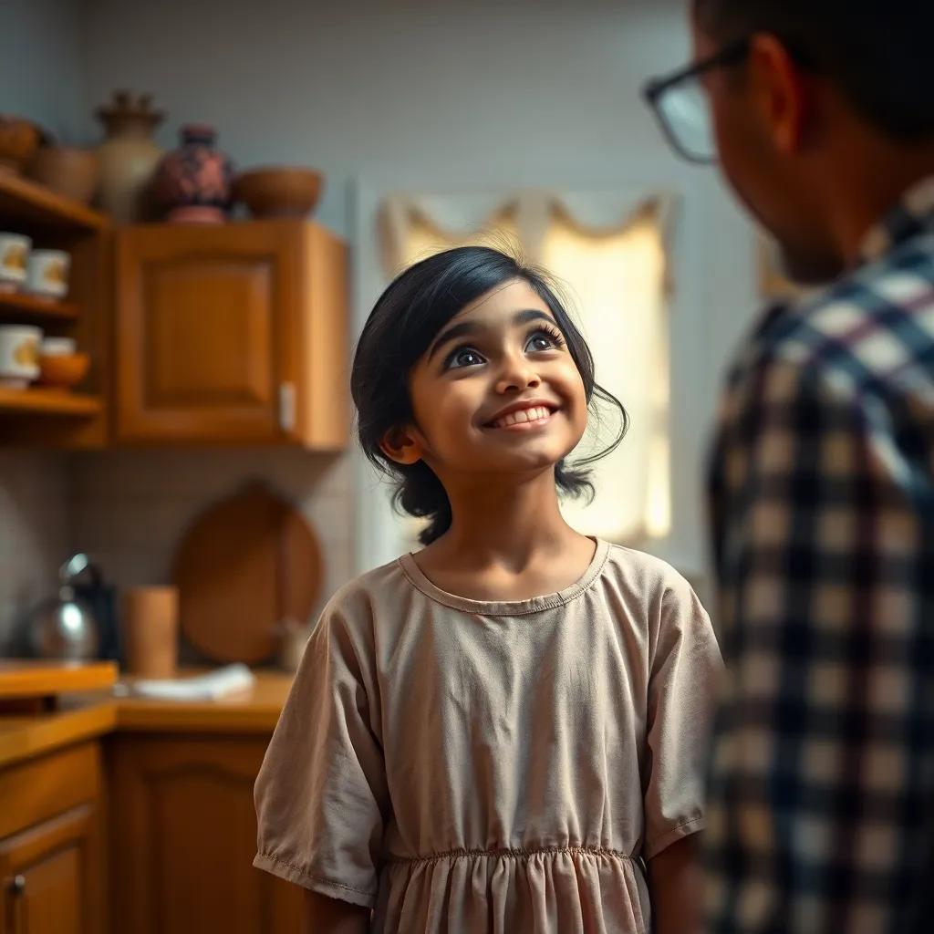 A young Arab girl, Leila, with dark hair and brown skin, wearing a simple dress, standing in a cozy kitchen, looking up at a surprised man, cheerful expression, inviting atmosphere, warm light, high quality