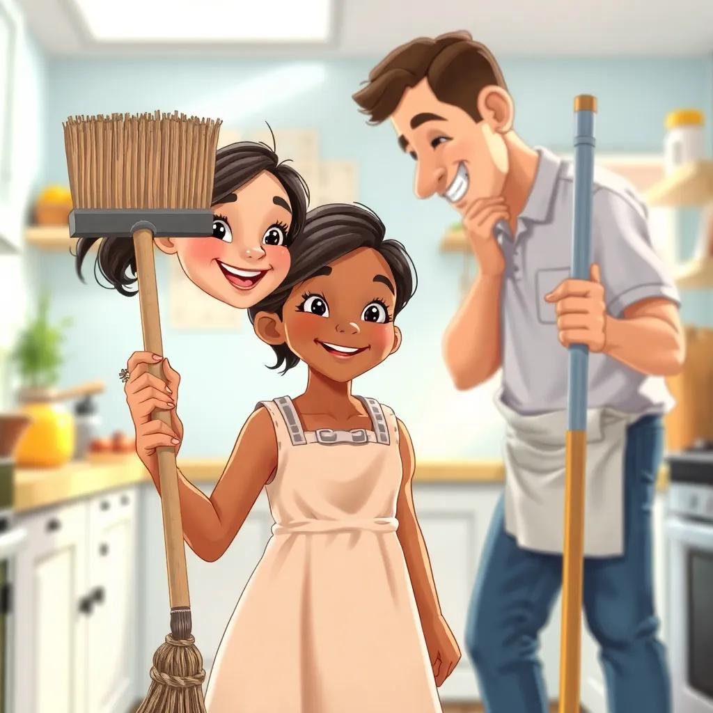 A young Arab girl, Leila, with dark hair and brown skin, wearing a simple dress, holding a broom, smiling at a man who is holding a mop, in a bright kitchen, dynamic and friendly, illustration, colorful, joyful scene, cheerful energy